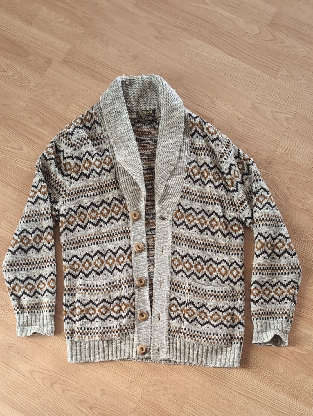 VINTAGE ORIGINAL Tundra Shawl Collar Fair Isle Cardigan in Gray, Brown and Black